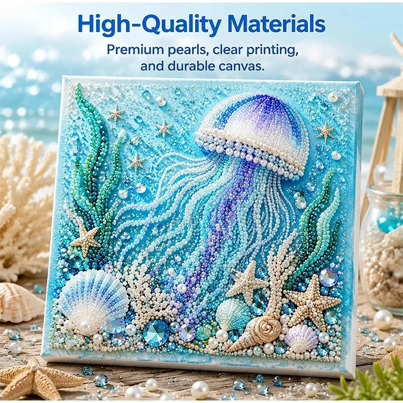 Diamond painting featuring a purple octopus with flowing tentacles and sea life on a canvas