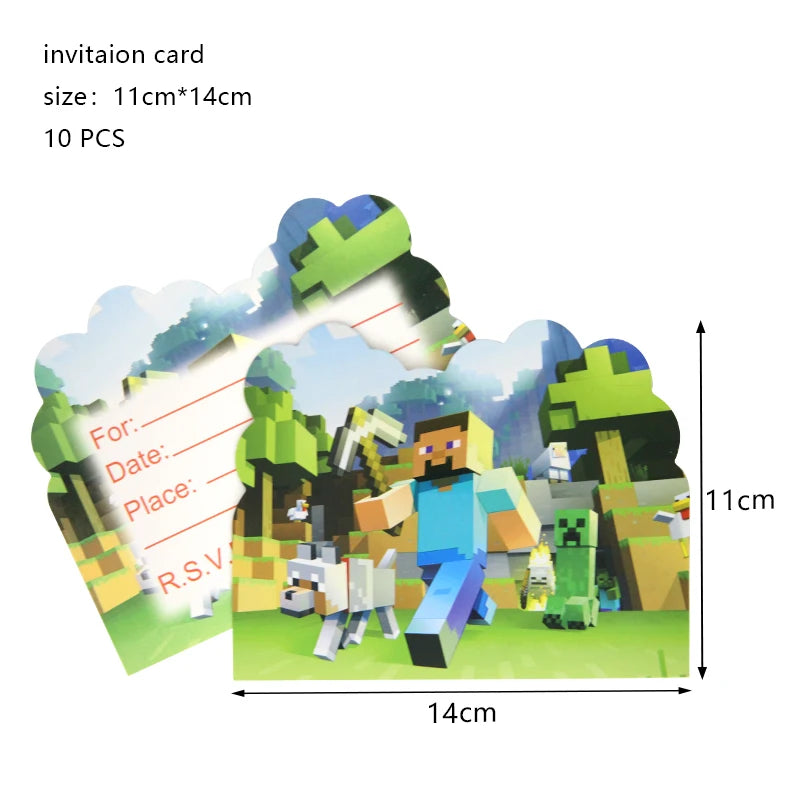 A set of 10 invitation cards for a birthday party featuring Minecraft characters and green foliage.
