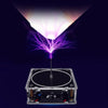 Arc plasma music coil firing purple sparks upwards against a dark background