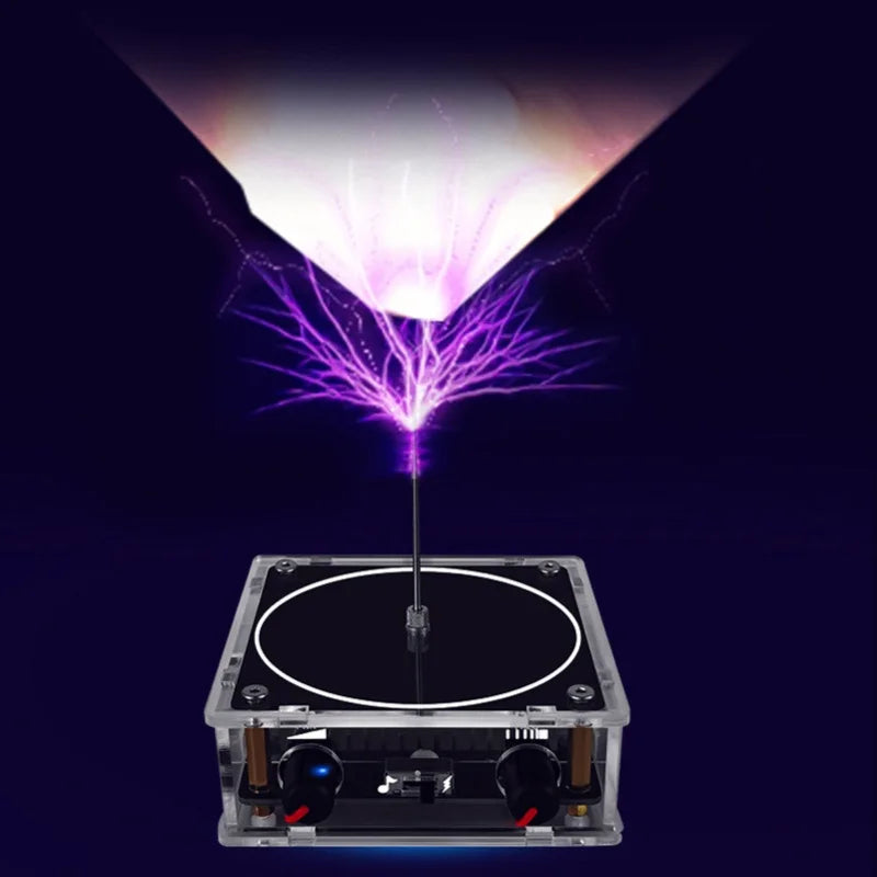 Arc plasma music coil firing purple sparks upwards against a dark background