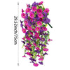 A long, vertical garland of purple and pink artificial morning glory flowers.