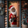 A festive Santa figure in a red suit and white beard is visible through a doorway decorated with greenery.