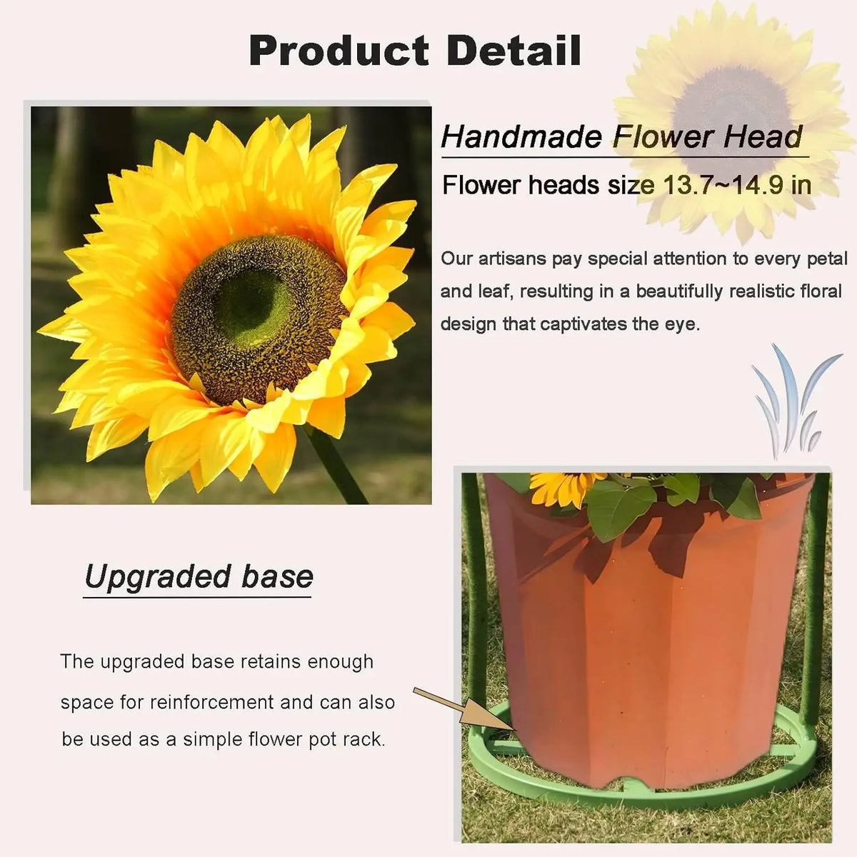 Handmade flower head of a bright yellow sunflower with a dark center displayed next to an upgraded metal pot.