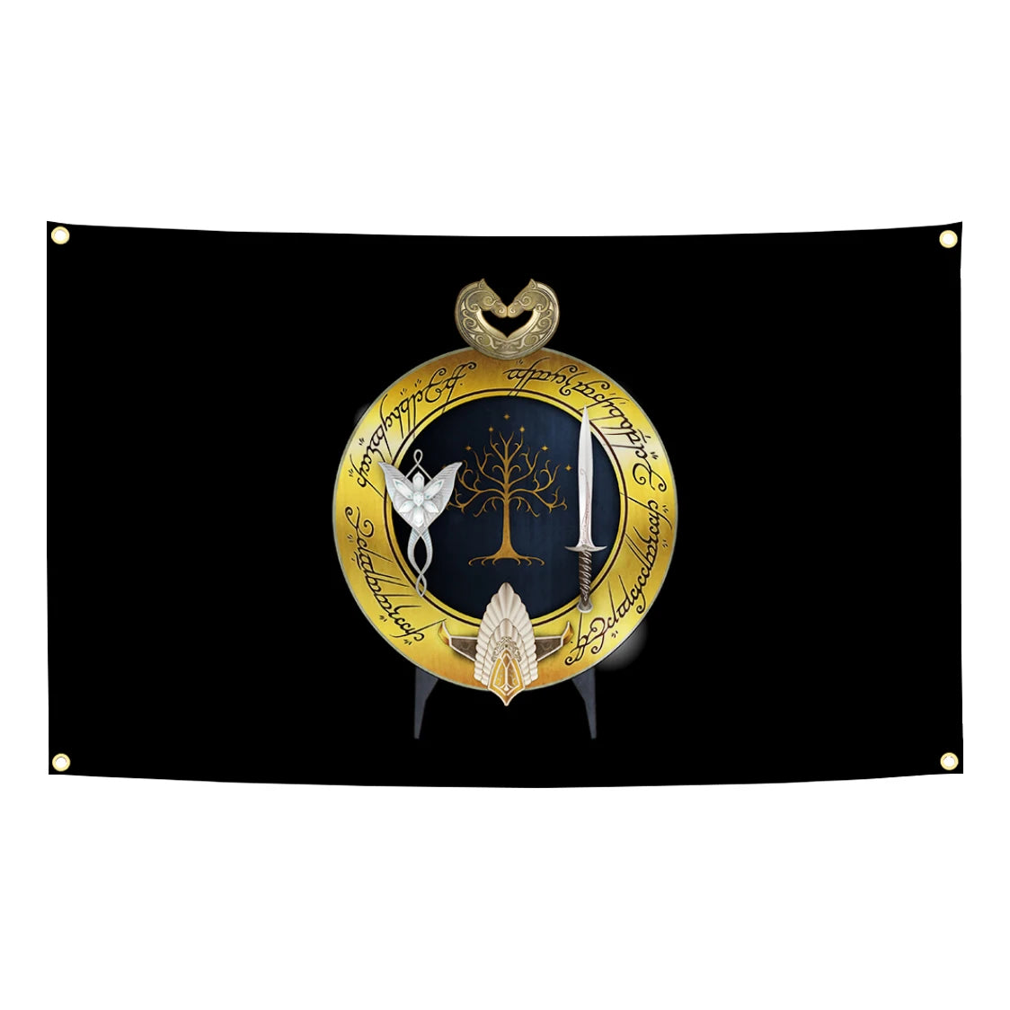 A banner featuring a golden emblem with a stylized tree and sword design on a black background.