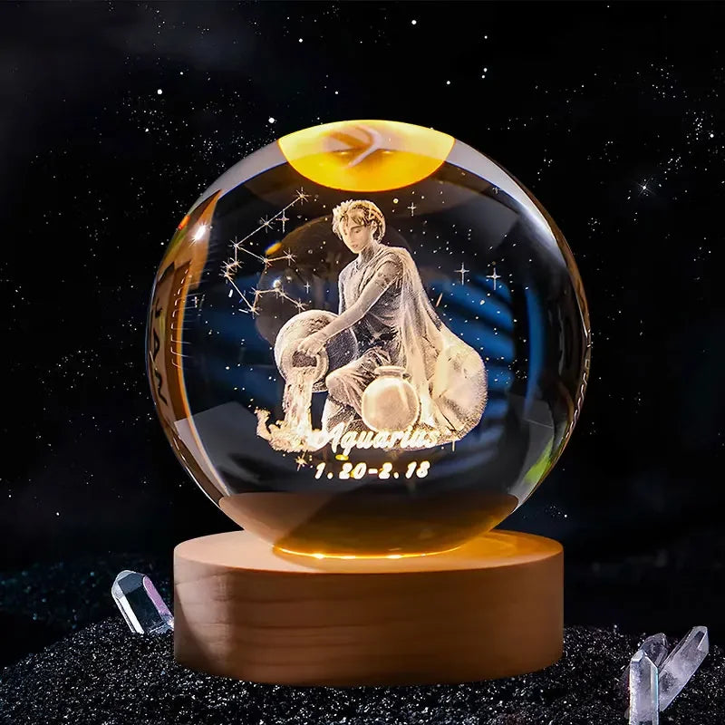 A clear crystal ball with a golden glow features an engraving of a person sitting in the style of Aquarius.