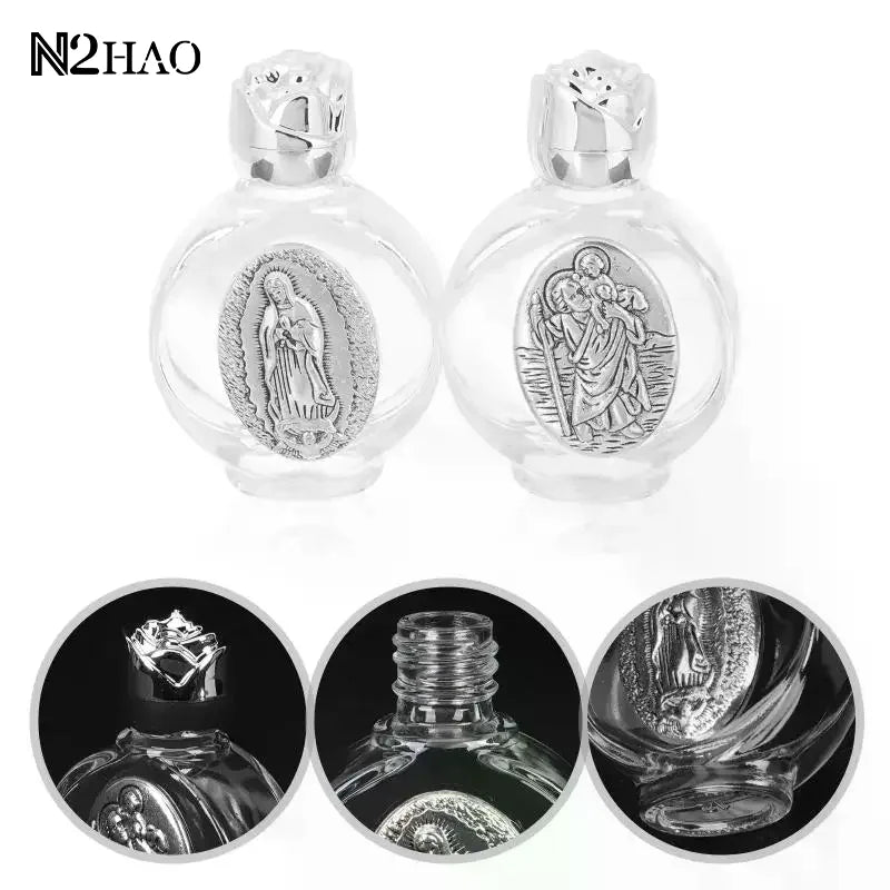 Decorative glass bottle with a figurine and twist cap shown in multiple views.