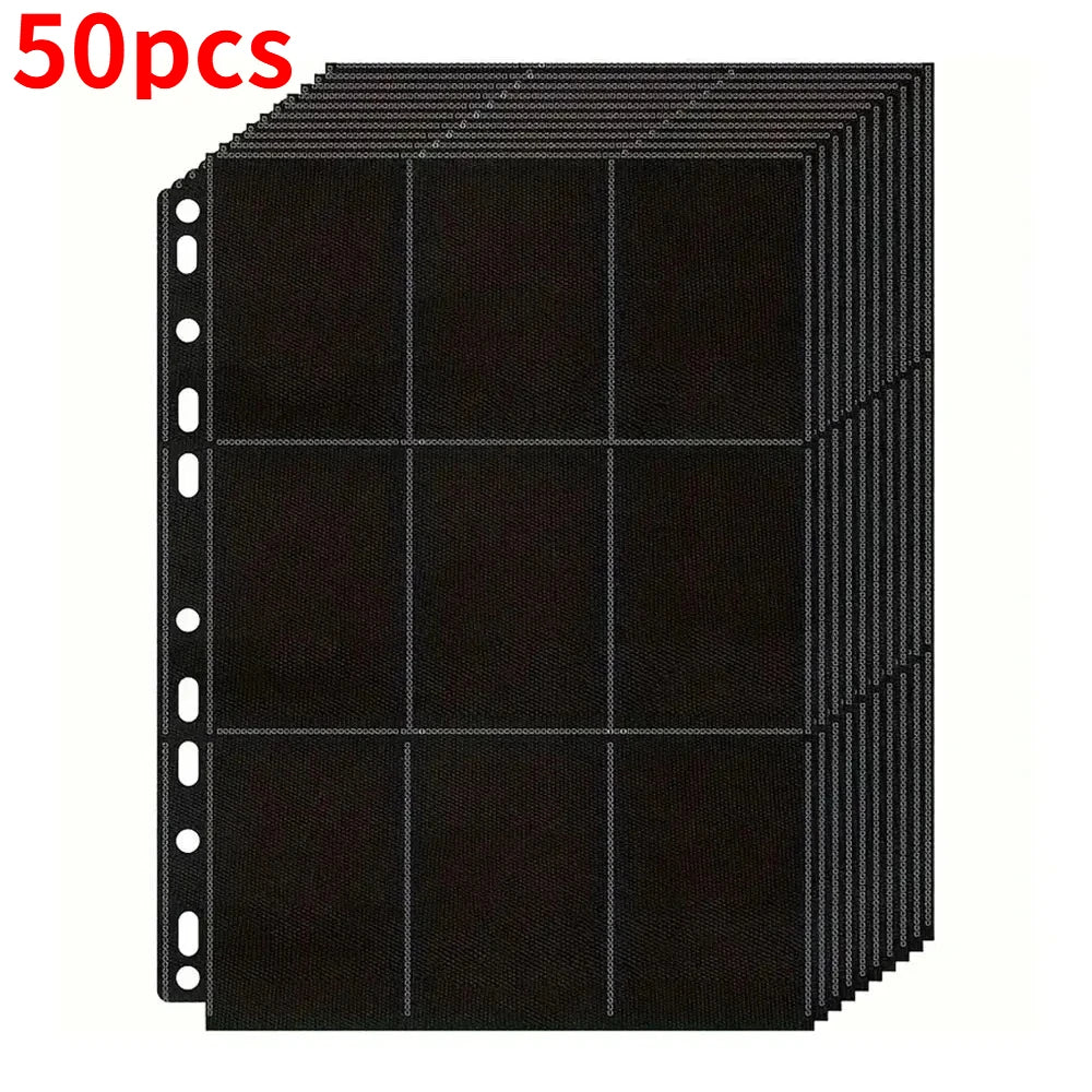 A stack of 50 pages of black acid-free trading card refill pages for 3-ring binders.