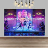 A vibrant birthday backdrop featuring stylized female characters and glowing eyes for a magic fantasy theme.