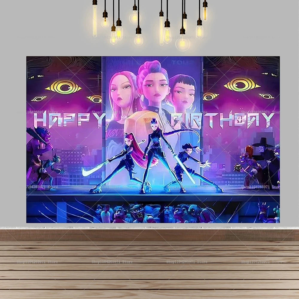 A vibrant birthday backdrop featuring stylized female characters and glowing eyes for a magic fantasy theme.
