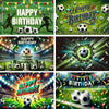A vibrant football themed birthday backdrop banner featuring soccer balls, trophies, and crowns for a celebration.