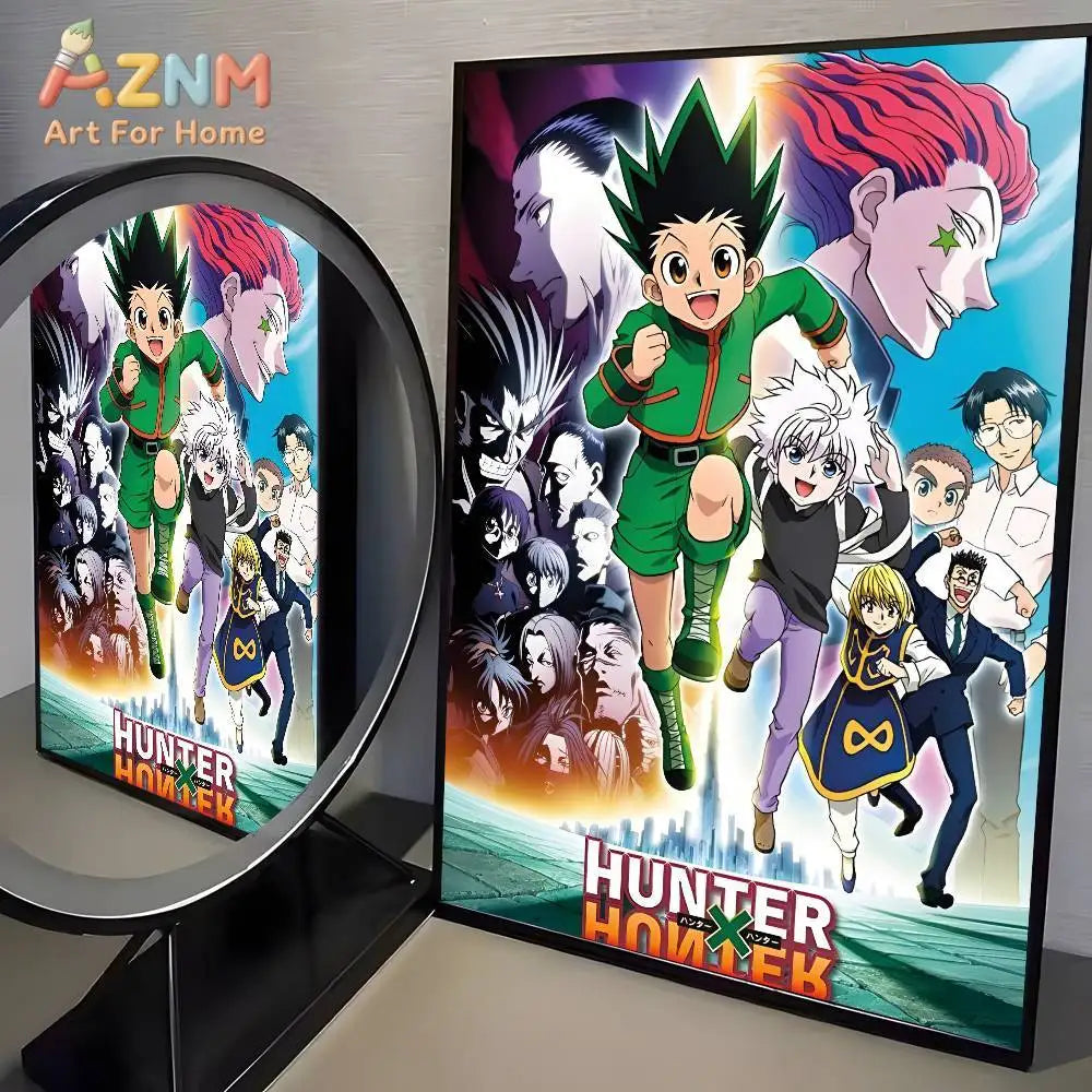 A framed canvas wall art featuring characters from Hunter x Hunter anime in vibrant colors and dynamic poses.
