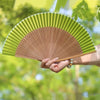 A hand holding an elegant bamboo folding fan with green slats and a tassel against a bright, leafy green background.
