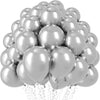 A cluster of metallic silver balloons tied together for party decorations.