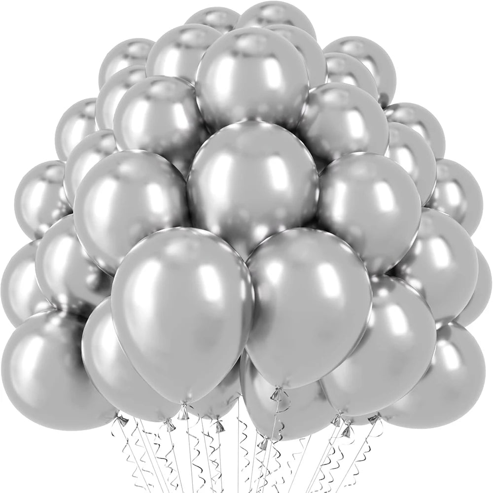 A cluster of metallic silver balloons tied together for party decorations.