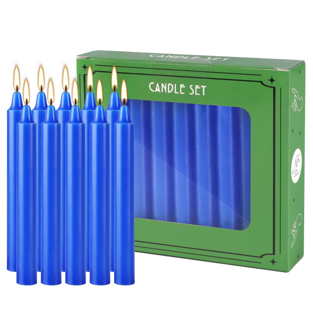 A green box containing a set of blue stick candles with lit wicks.