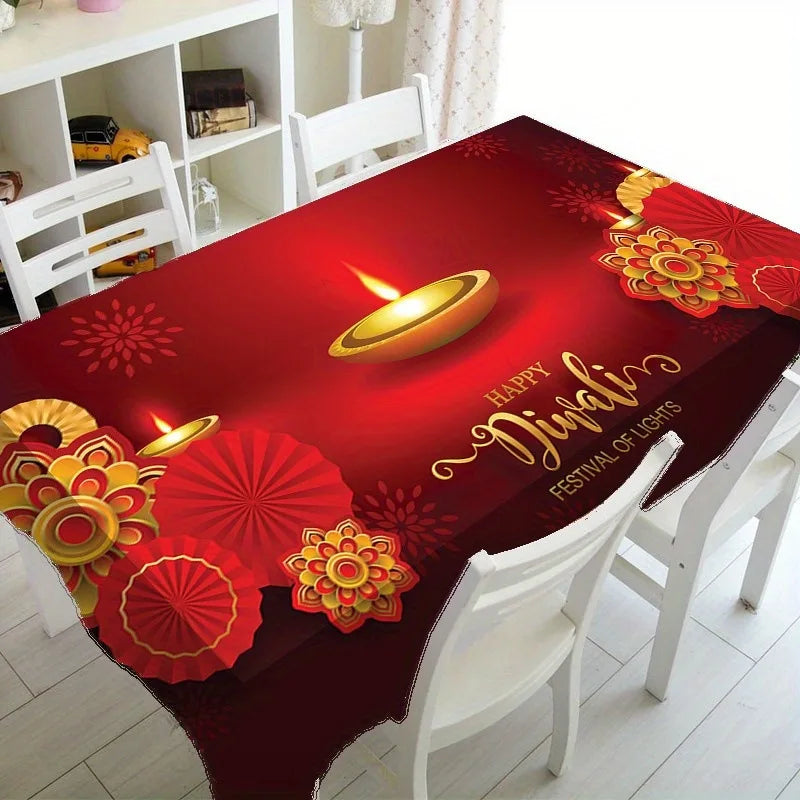 Festive red Christmas tablecloth with gold floral designs set on a white dining table.