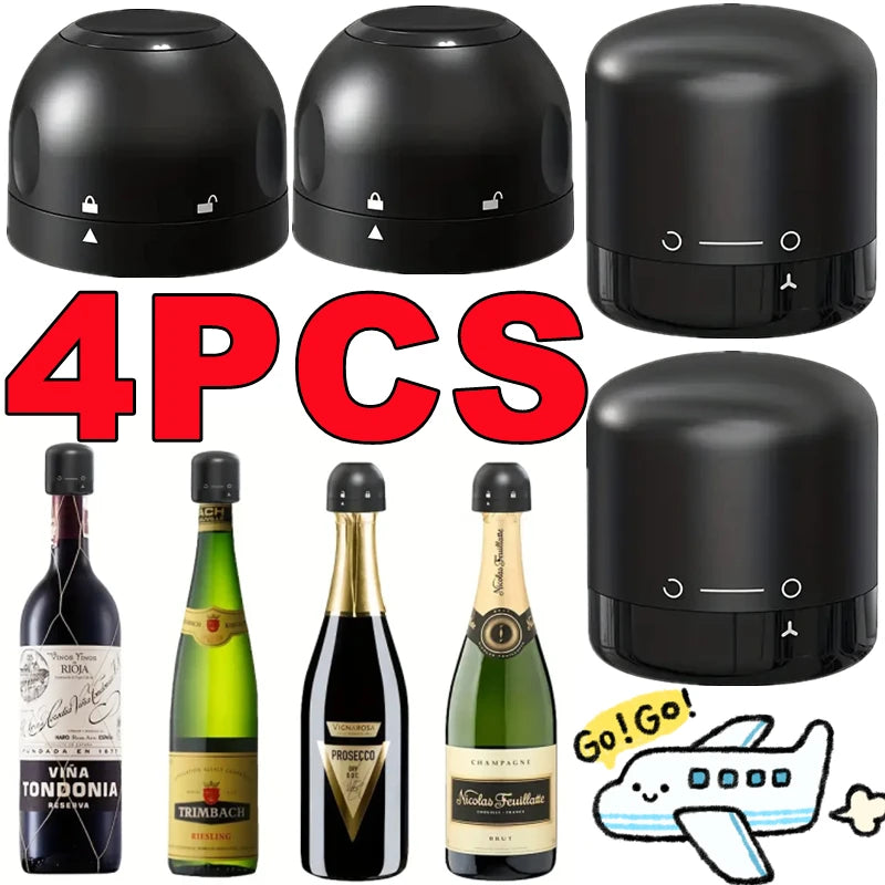 Four black reusable silicone wine bottle stoppers with rotating locks and a cartoon airplane.