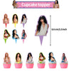 A set of K-pop inspired cupcake toppers featuring female idols and a backdrop for a birthday party decoration.