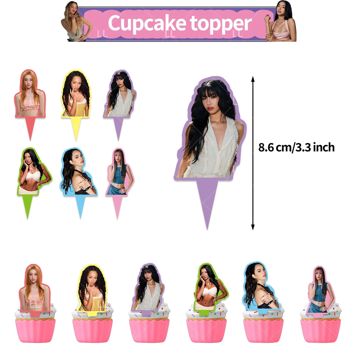 A set of K-pop inspired cupcake toppers featuring female idols and a backdrop for a birthday party decoration.