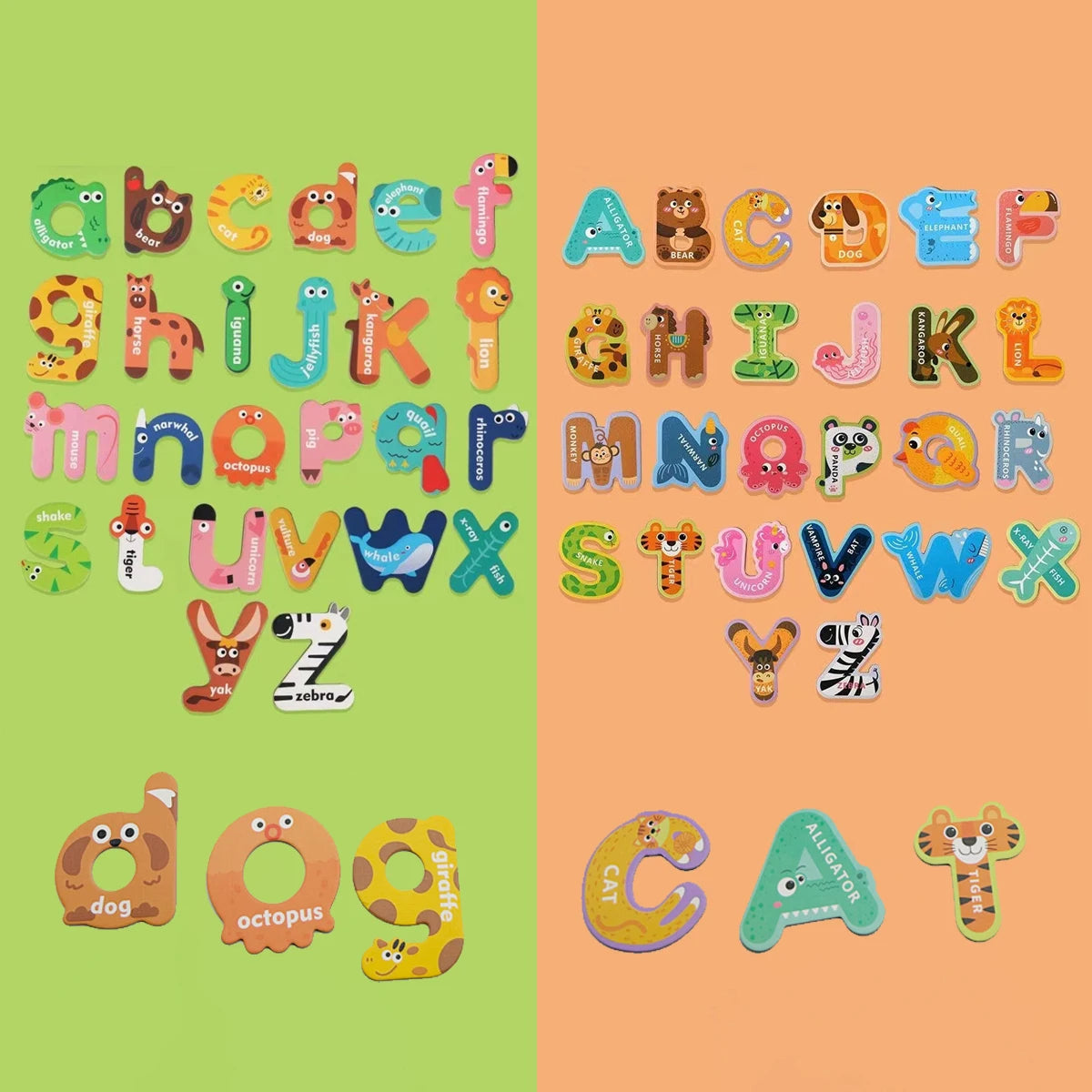 A collection of colorful magnetic alphabet learning magnets arranged in rows and columns.