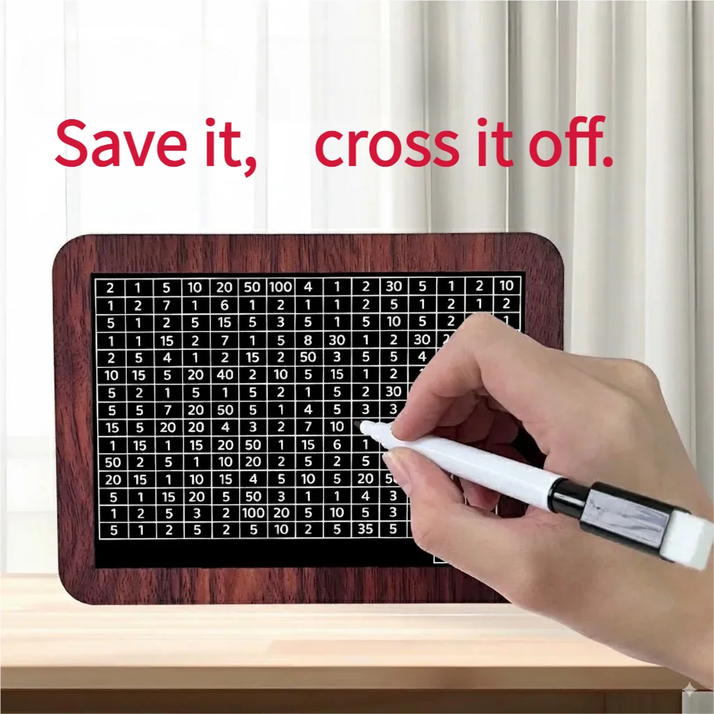 Une main utilise un stylo blanc pour marquer des chiffres sur une boîte d'épargne en bois étiquetée « Save it cross it off ».