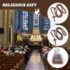 A wooden rosary pendant necklace with handcrafted beads displayed in a clear bag.