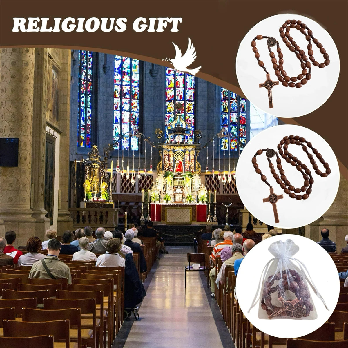 A wooden rosary pendant necklace with handcrafted beads displayed in a clear bag.
