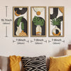 A set of three framed wall art pieces featuring botanical and geometric designs in natural wood tones.