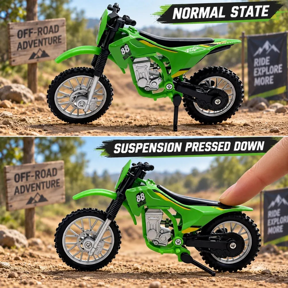 A bright green 1:12 scale off-road motorcycle model in normal state and with the suspension pressed down.