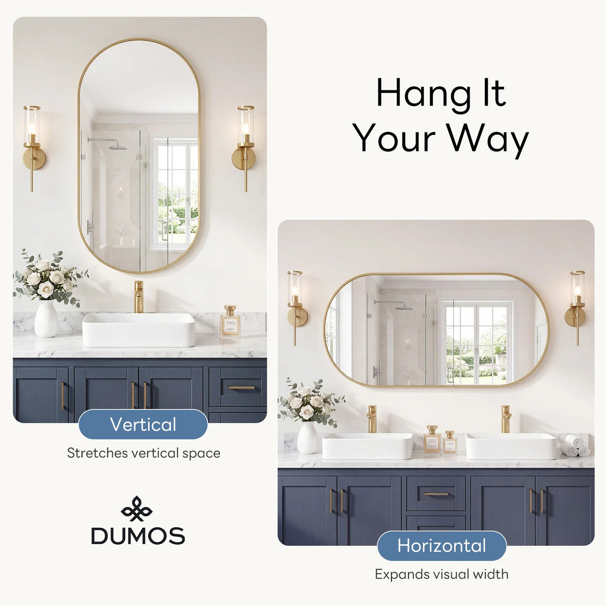A bathroom vanity setup showing a horizontal sink and countertop with a large oval mirror and metal frame.