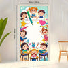 A vertical banner featuring cheerful cartoon children celebrating a welcome back to school theme for classroom and party deco