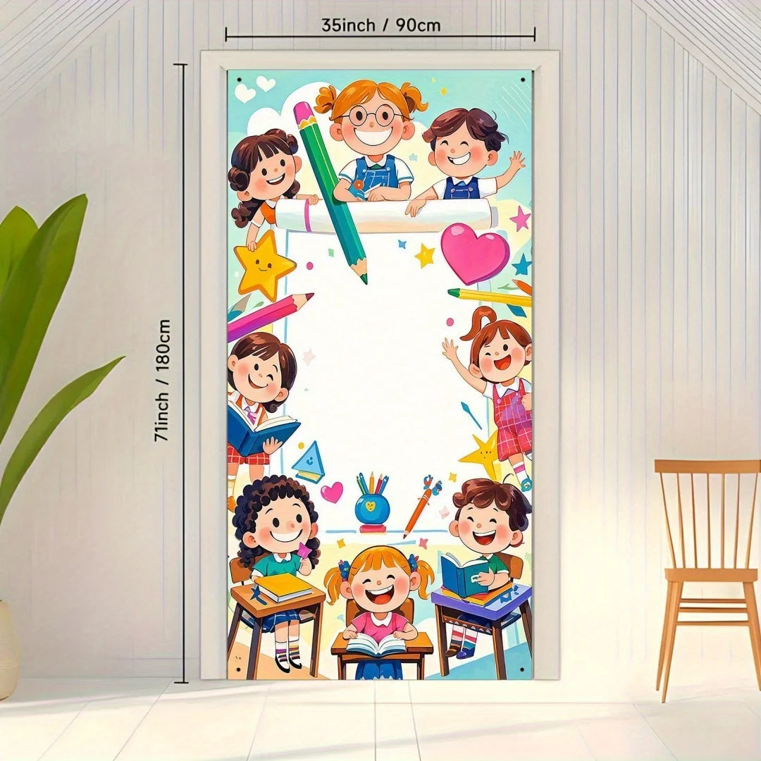 A vertical banner featuring cheerful cartoon children celebrating a welcome back to school theme for classroom and party deco