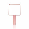 A rectangular, rose gold compact handheld makeup mirror with an ergonomic handle.