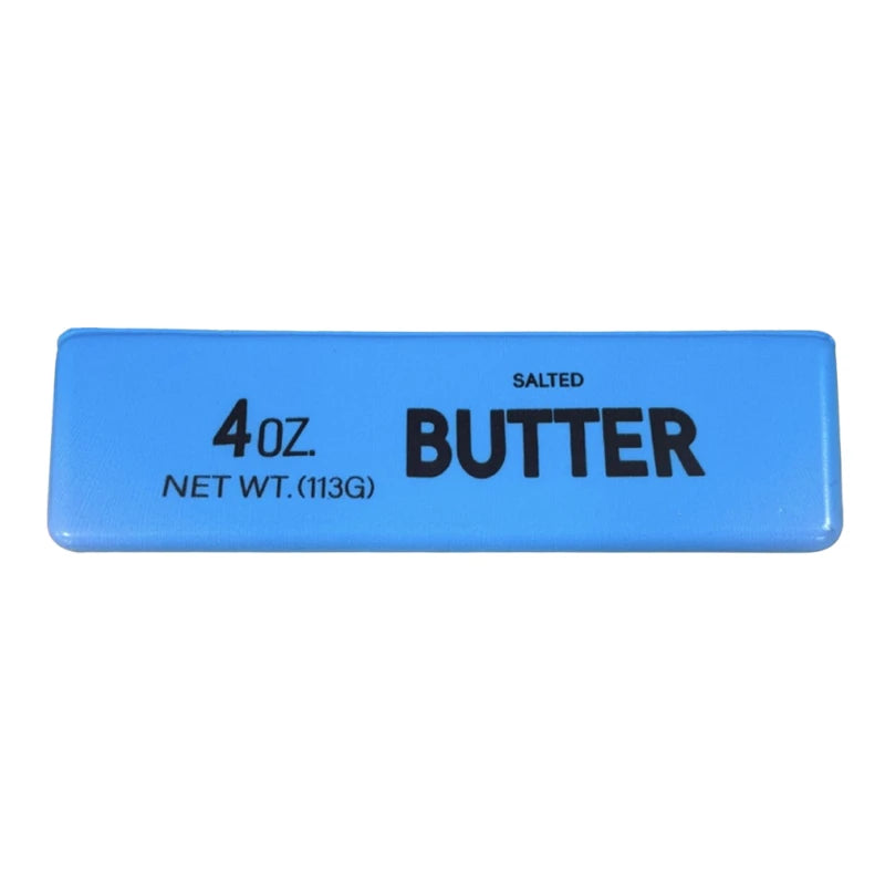 Étiquette rectangulaire bleue pour beurre salé, indiquant un poids net de 4 onces.