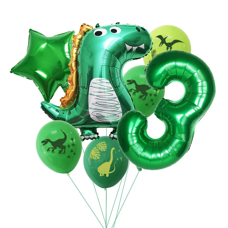 A green inflatable dinosaur balloon shaped like the number 3, surrounded by other green and yellow dinosaur-themed balloons.