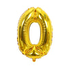 A shiny gold foil number balloon shaped like the digit zero.
