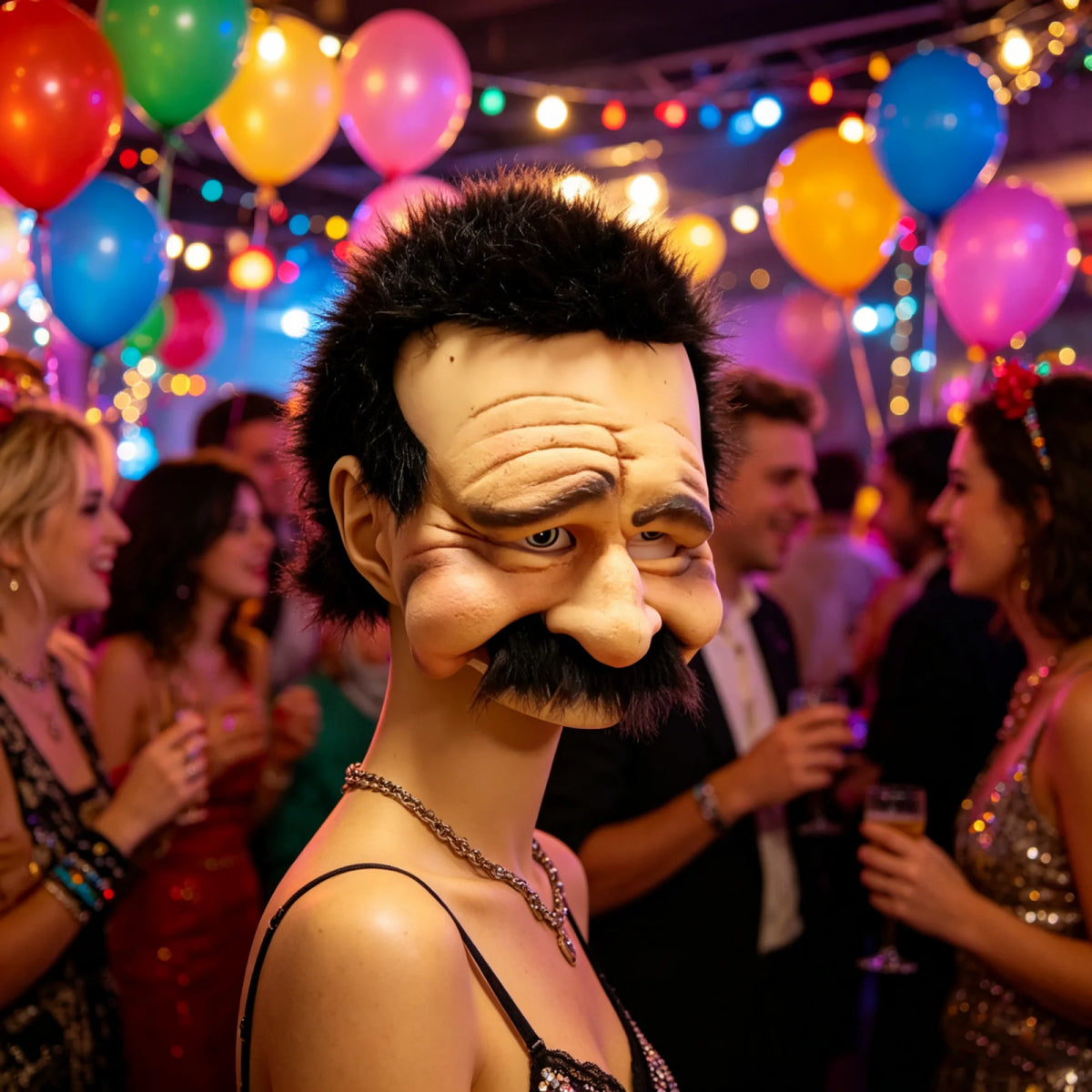 A close-up of a realistic old man horror mask with gray skin and a dark mustache, displayed at a party.