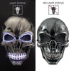 A realistic latex skull mask with glowing blue accents shown in both light and no light status.
