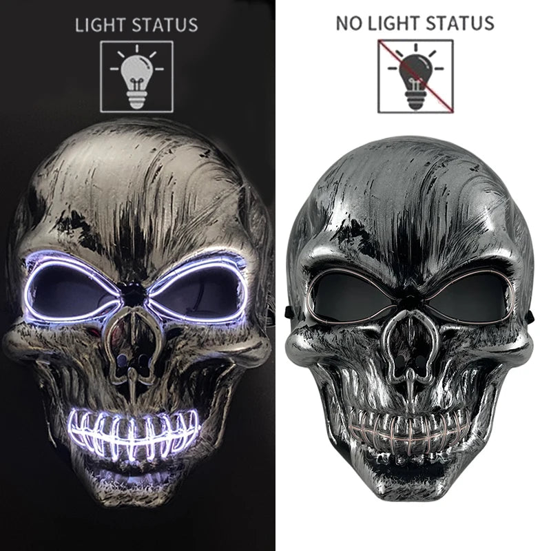 A realistic latex skull mask with glowing blue accents shown in both light and no light status.