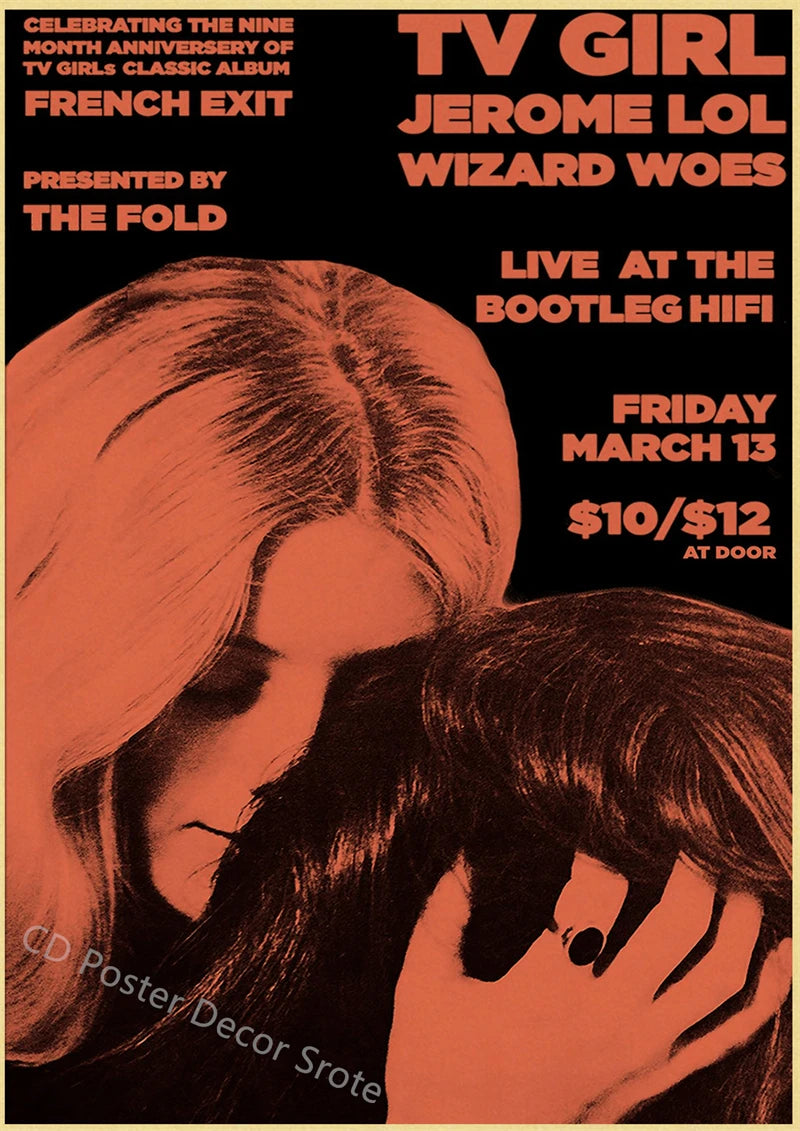 A vintage poster for TV Girl featuring a close-up of two women's faces in sepia tones.