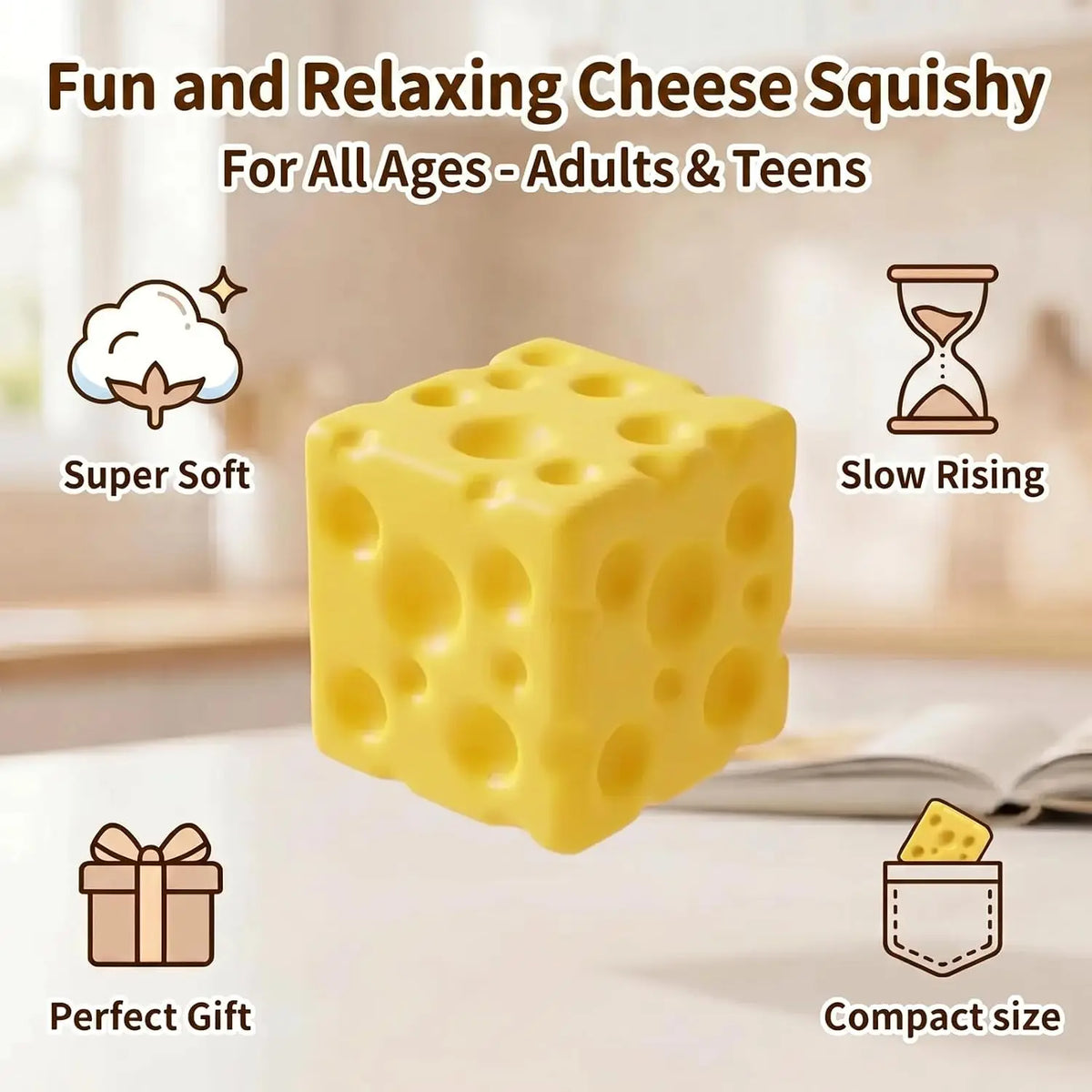 A yellow cheese squishy toy cube shown with features like super soft texture, slow rising, perfect gift packaging, and compac