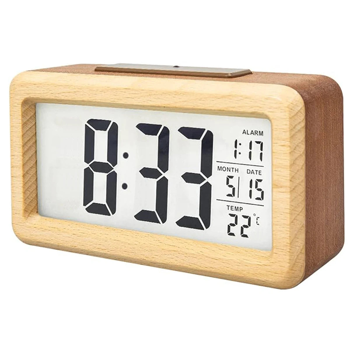 A light wood digital alarm clock displaying 8:33, with separate displays for alarm, month, date, and temperature.