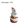 A cake topper featuring a racing car design with flames and the text Happy Birthday