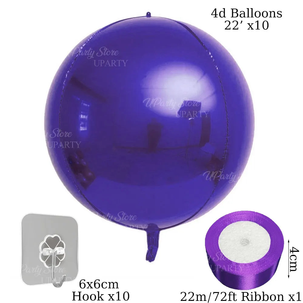 A purple 4D balloon is shown with a hook and ribbon, along with a silver hook and a roll of purple ribbon.