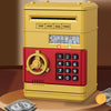 A gold and red password saving piggy bank with a dial and keypad is displayed on a wooden surface.