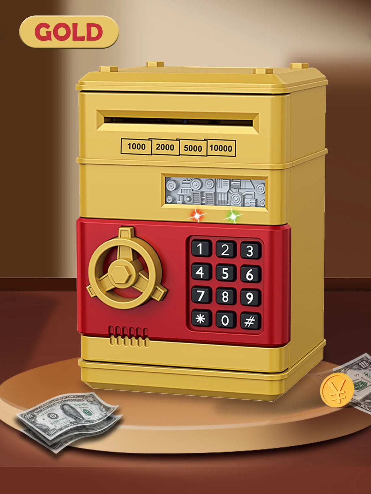 A gold and red password saving piggy bank with a dial and keypad is displayed on a wooden surface.