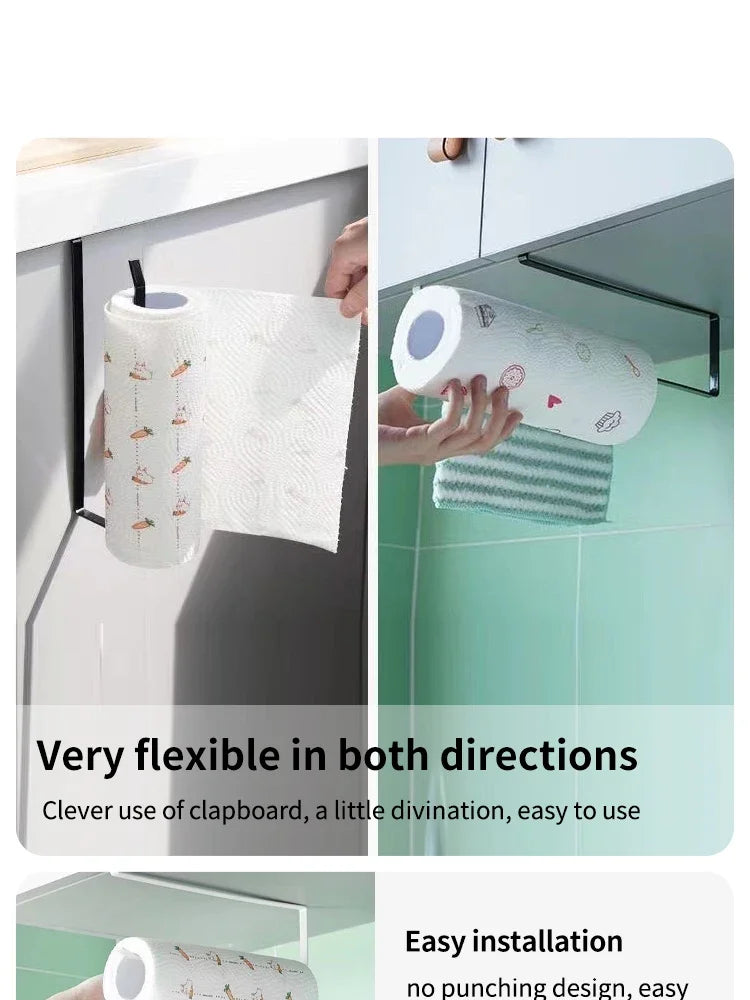 A roll of white paper towel holder is shown being used in a kitchen cabinet and on a bathroom shelf.