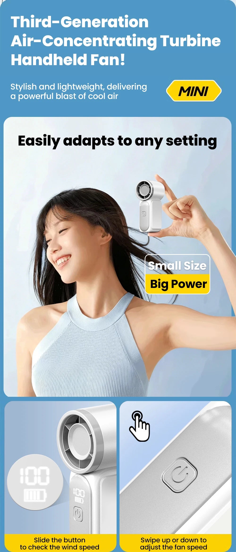 A woman is using a third-generation air-concentrating turbine handheld fan, demonstrating its small size and powerful airflow
