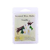 A package of vanilla scented wax melts with a white flower illustration and product details.