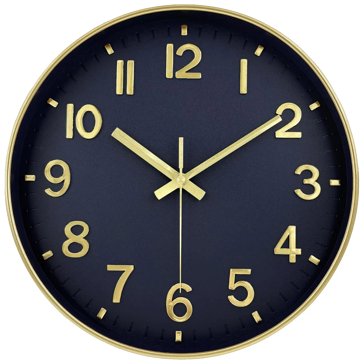 A round, dark blue wall clock with gold accents and Roman numerals displaying the time.